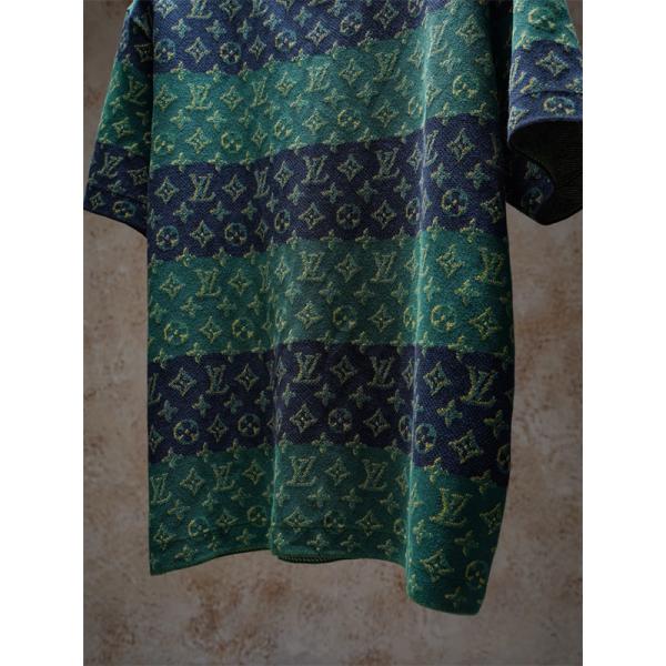 ボーダー 切替 モノグラム ジャガード 半袖ニットTシャツ 上質素材 厚手 高級感 ルーズフィット メンズ レディース ルイヴィトン コピー Louis Vuitton