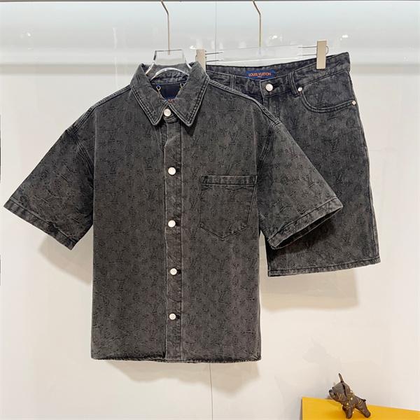 ルイヴィトン コピー デニムセットアップ 半袖シャツ ハーフパンツ モノグラムエンボスウォッシュ加工 上質素材 ルーズフィット メンズ Louis Vuitton