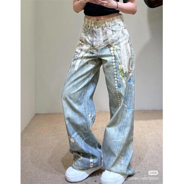 激安 デニムパンツ レディース ワイドパンツ ヴィンテージ加工 プリントデザイン ストレートシルエット アクネストゥディオズ コピー Acne Studios