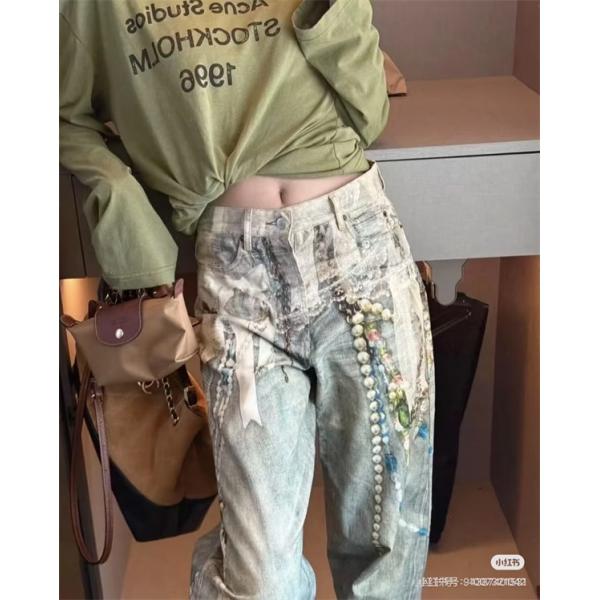 激安 デニムパンツ レディース ワイドパンツ ヴィンテージ加工 プリントデザイン ストレートシルエット アクネストゥディオズ コピー Acne Studios