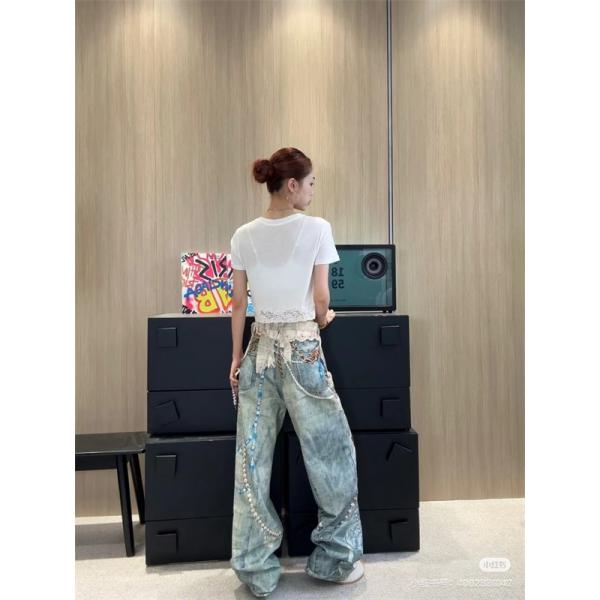 激安 デニムパンツ レディース ワイドパンツ ヴィンテージ加工 プリントデザイン ストレートシルエット アクネストゥディオズ コピー Acne Studios