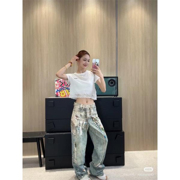 激安 デニムパンツ レディース ワイドパンツ ヴィンテージ加工 プリントデザイン ストレートシルエット アクネストゥディオズ コピー Acne Studios