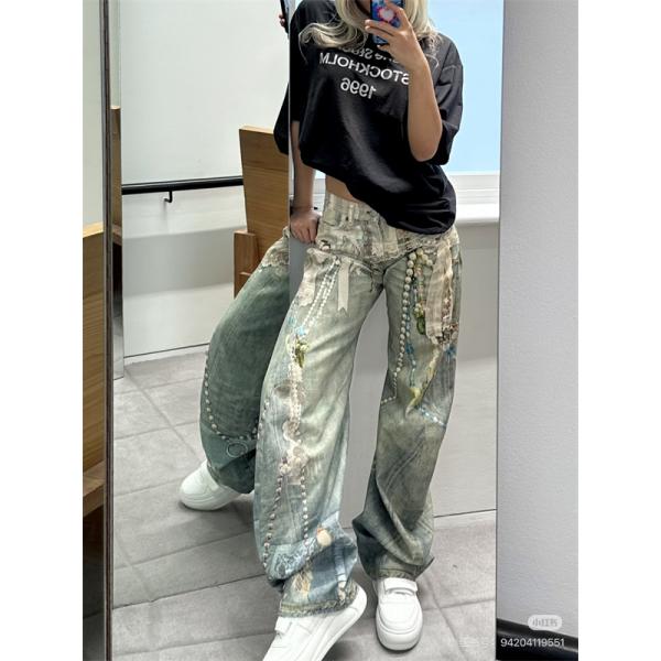 激安 デニムパンツ レディース ワイドパンツ ヴィンテージ加工 プリントデザイン ストレートシルエット アクネストゥディオズ コピー Acne Studios