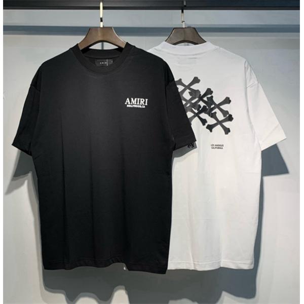 アミリ AMIRI コピー BONES STACKED Tシャツ メンズ 半袖 骨プリント ストリート ブラック ロゴT オーバーサイズ