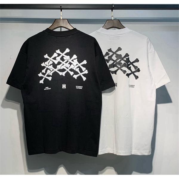 アミリ AMIRI コピー BONES STACKED Tシャツ メンズ 半袖 骨プリント ストリート ブラック ロゴT オーバーサイズ