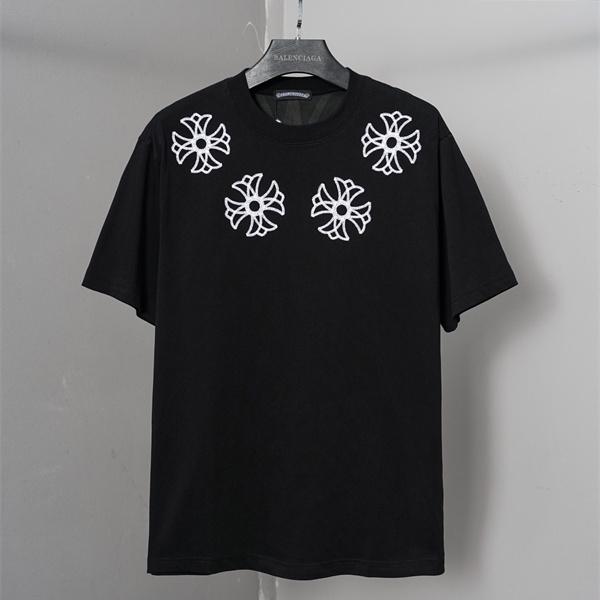 激安 刺繍Tシャツ クロムハーツ コピー CHROME HEARTS  クロス刺繍 ブラック ホワイト 半袖 ビッグシルエット ストリート系 ユニセックス フラワークロス バックデザイン 高見え 夏コーデ 