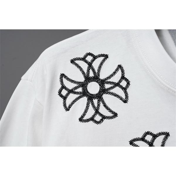 激安 刺繍Tシャツ クロムハーツ コピー CHROME HEARTS  クロス刺繍 ブラック ホワイト 半袖 ビッグシルエット ストリート系 ユニセックス フラワークロス バックデザイン 高見え 夏コーデ 