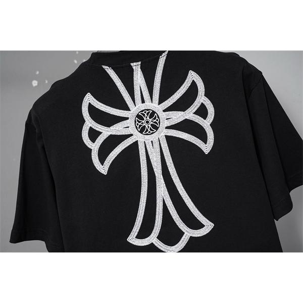 激安 刺繍Tシャツ クロムハーツ コピー CHROME HEARTS  クロス刺繍 ブラック ホワイト 半袖 ビッグシルエット ストリート系 ユニセックス フラワークロス バックデザイン 高見え 夏コーデ 