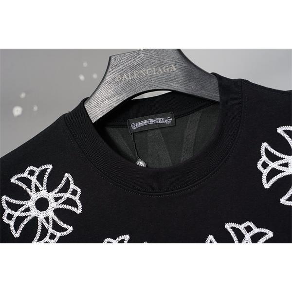 激安 刺繍Tシャツ クロムハーツ コピー CHROME HEARTS  クロス刺繍 ブラック ホワイト 半袖 ビッグシルエット ストリート系 ユニセックス フラワークロス バックデザイン 高見え 夏コーデ 