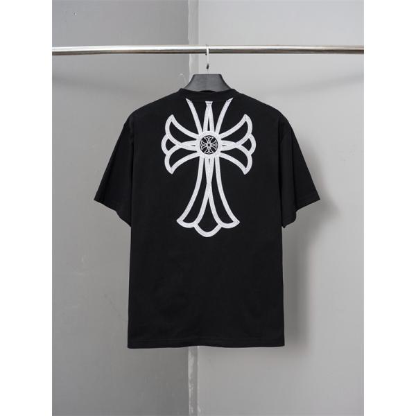 激安 刺繍Tシャツ クロムハーツ コピー CHROME HEARTS  クロス刺繍 ブラック ホワイト 半袖 ビッグシルエット ストリート系 ユニセックス フラワークロス バックデザイン 高見え 夏コーデ 