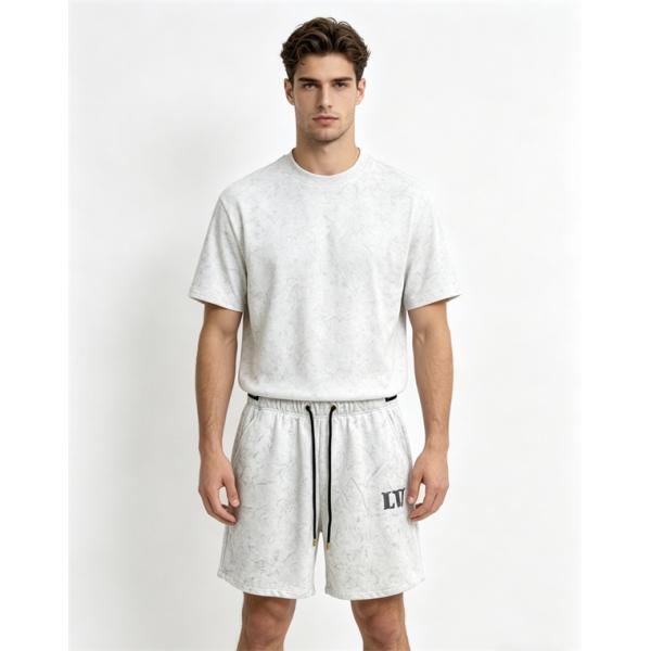 セットアップ メンズ グレー ルイヴィトン コピー LOUIS VUITTON 半袖Tシャツ ショートパンツ 上下セット モノグラム調 プリント ドローストリング ウエストゴム カジュアル スポーツ 夏人気 