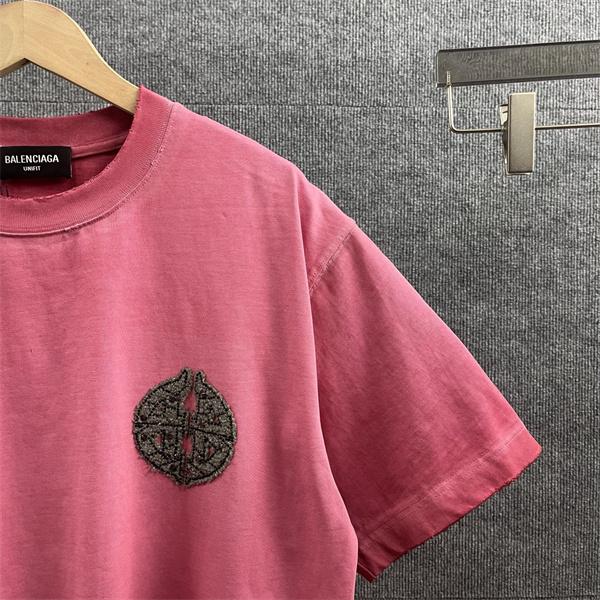  ブラック ピンク パープル 半袖 刺繍 毛圈ワッペン スタッズ装飾 ラインストーンロゴ クルーネック ストリート カジュアル 夏人気 バレンシアガ コピー BALENCIAGA