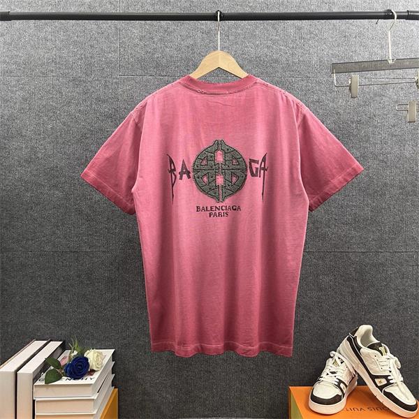  ブラック ピンク パープル 半袖 刺繍 毛圈ワッペン スタッズ装飾 ラインストーンロゴ クルーネック ストリート カジュアル 夏人気 バレンシアガ コピー BALENCIAGA