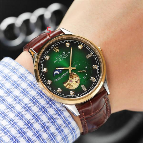 腕時計 メンズ ロレックス コピー ROLEX グリーン ブラック ゴールド ホワイト ブルー 自動巻き 機械式 スケルトン ムーンフェイズ風 レザーベルト 高級感  