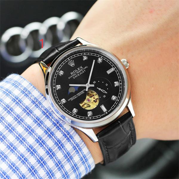 腕時計 メンズ ブラック ロレックス コピー ROLEX ホワイト 自動巻き 機械式 スケルトン オープンハート レザーベルト ビジネス 高級