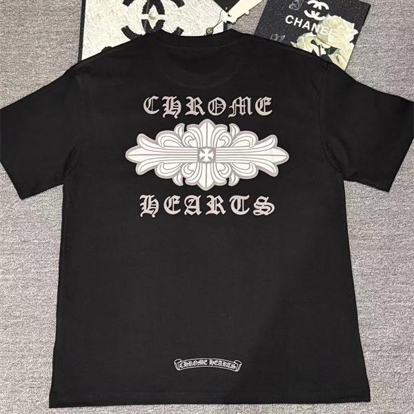  Tシャツ メンズ 半袖トップス フローラルデザイン ワンポイント 背面プリント クロムハーツ コピー CHROME HEARTS
