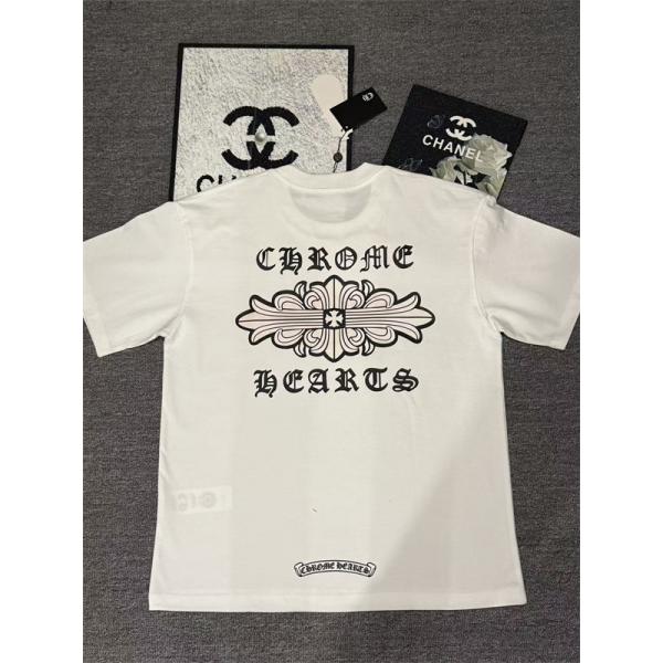  Tシャツ メンズ 半袖トップス フローラルデザイン ワンポイント 背面プリント クロムハーツ コピー CHROME HEARTS