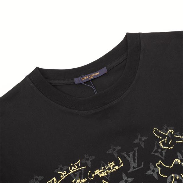  メンズ 半袖Tシャツ モノグラム総柄 ゴールドラインアート クルーネック 夏向け ルイヴィトン コピー LOUIS VUITTON