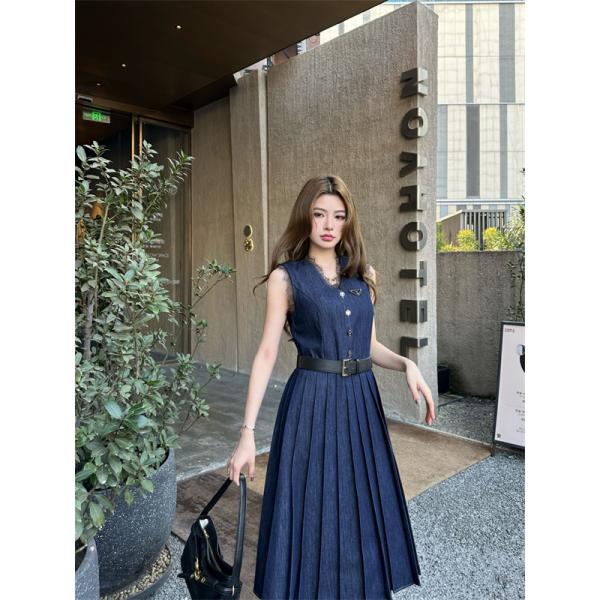 プラダ風 PRADAスタイル デニムワンピース レース切替 ノースリーブ プリーツスカート ウエストベルト 上品 セクシー フェミニン レディース
