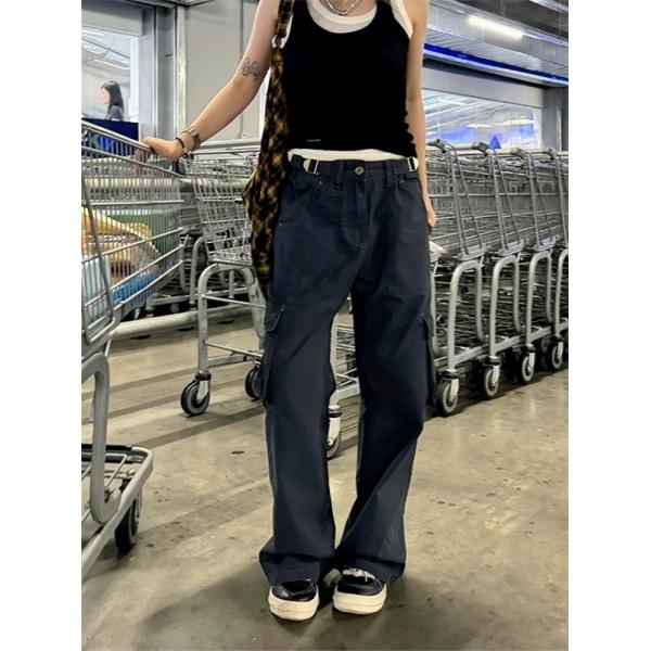 ダークネイビー カーゴパンツ  ストーンアイランド コピー Stone Island サイドロゴパッチ ワイドストレート
