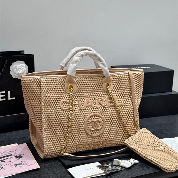 ベージュ編み目 トートバッグ ココマーク PARISロゴ チェーン付き 大容量風デザイン シャネル コピー CHANEL