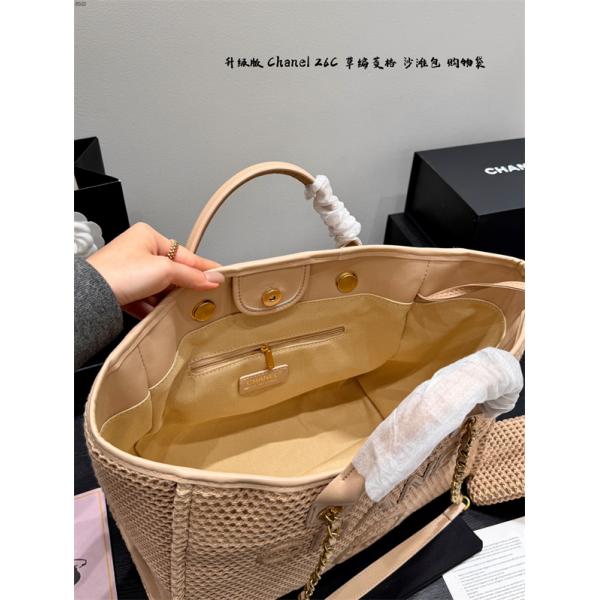 ベージュ編み目 トートバッグ ココマーク PARISロゴ チェーン付き 大容量風デザイン シャネル コピー CHANEL