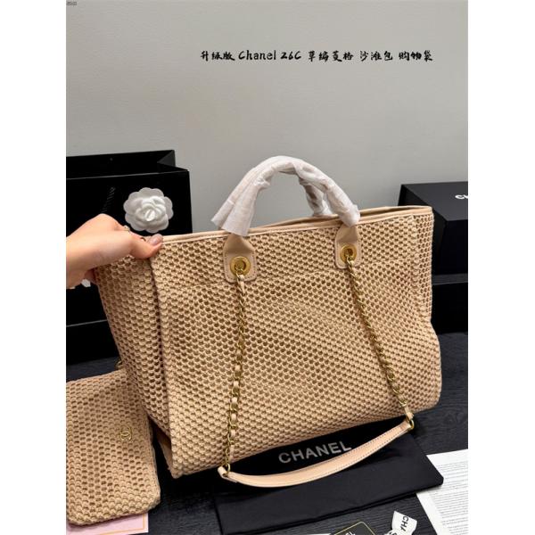 ベージュ編み目 トートバッグ ココマーク PARISロゴ チェーン付き 大容量風デザイン シャネル コピー CHANEL
