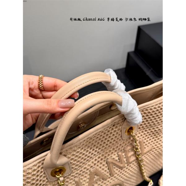 ベージュ編み目 トートバッグ ココマーク PARISロゴ チェーン付き 大容量風デザイン シャネル コピー CHANEL