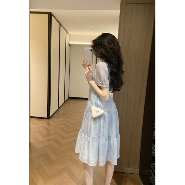 ティアードシャツワンピース PRADA 胸元トライアングルロゴ プラダ コピー ライトブルー ホワイト 半袖 パフスリーブ ウエストドローコード