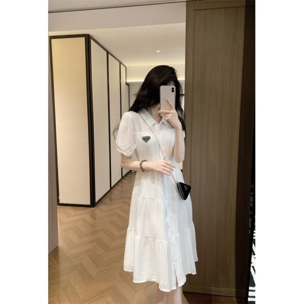 ティアードシャツワンピース PRADA 胸元トライアングルロゴ プラダ コピー ライトブルー ホワイト 半袖 パフスリーブ ウエストドローコード