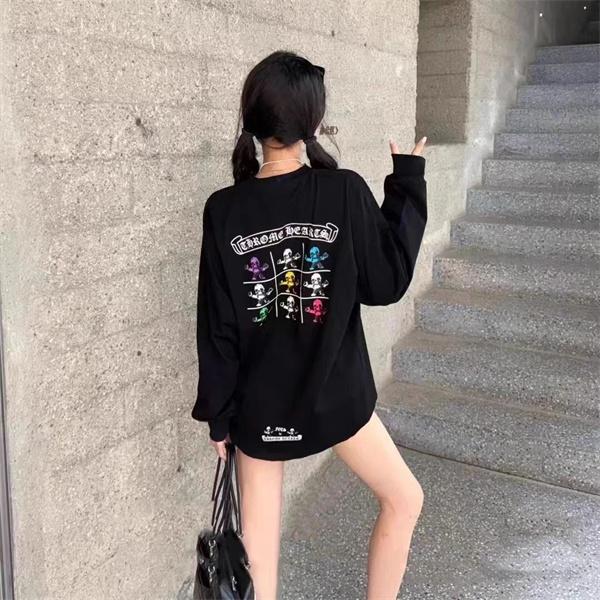 クロムハーツ風 長袖Tシャツ スカルプリント カラフルロゴ バックプリント ストリート系 オーバーサイズ ユニセックス
