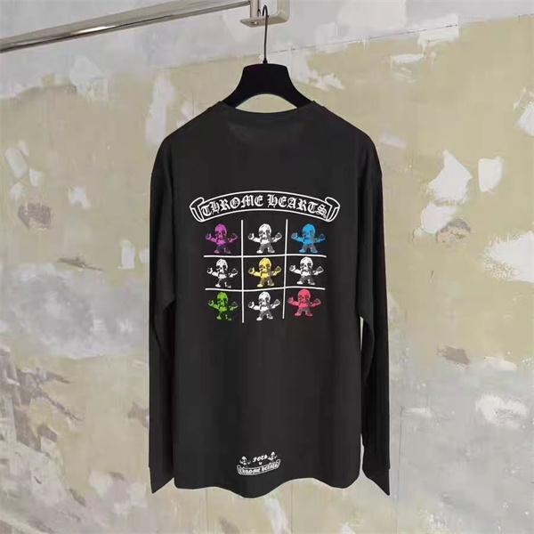 クロムハーツ風 長袖Tシャツ スカルプリント カラフルロゴ バックプリント ストリート系 オーバーサイズ ユニセックス