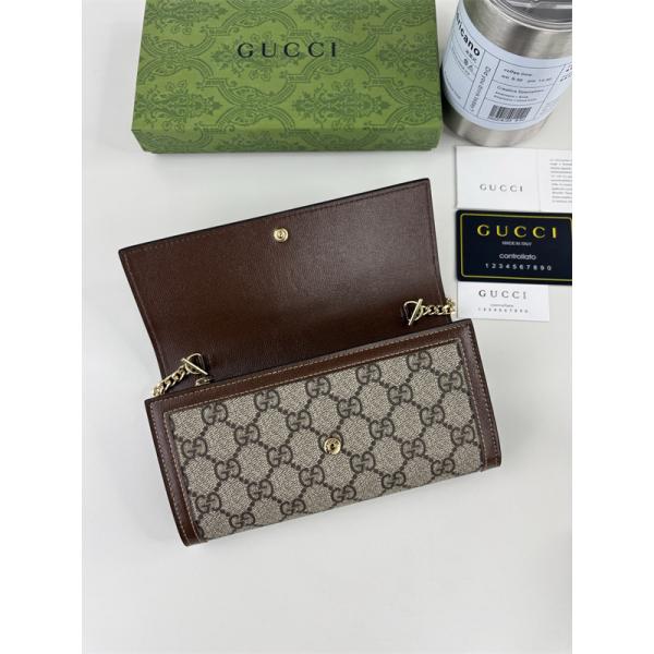 グッチ コピー Gパターン チェーンウォレット ホースビット金具 ブラウンレザー調フラップ ゴールドチェーン GUCCl 財布