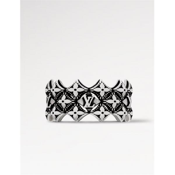 ルイヴィトン コピー モノグラムフラワー リング シルバーカラー LVロゴ ブラックパターン ワイドデザイン Louis Vuitton