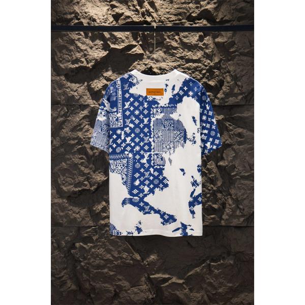 ブルーモノグラム 半袖Tシャツ Louis Vuitton ホワイトベース ルイヴィトン コピー バンダナ調プリント クルーネック 総柄デザイン