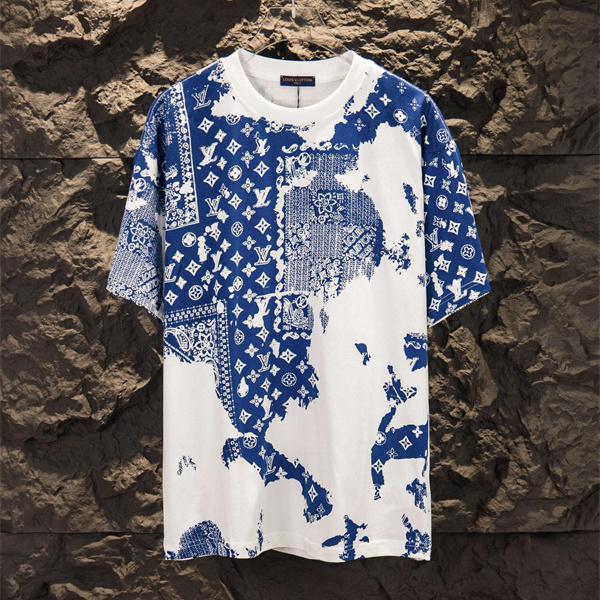 ブルーモノグラム 半袖Tシャツ Louis Vuitton ホワイトベース ルイヴィトン コピー バンダナ調プリント クルーネック 総柄デザイン