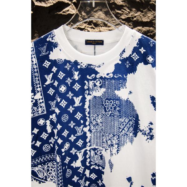 ブルーモノグラム 半袖Tシャツ Louis Vuitton ホワイトベース ルイヴィトン コピー バンダナ調プリント クルーネック 総柄デザイン