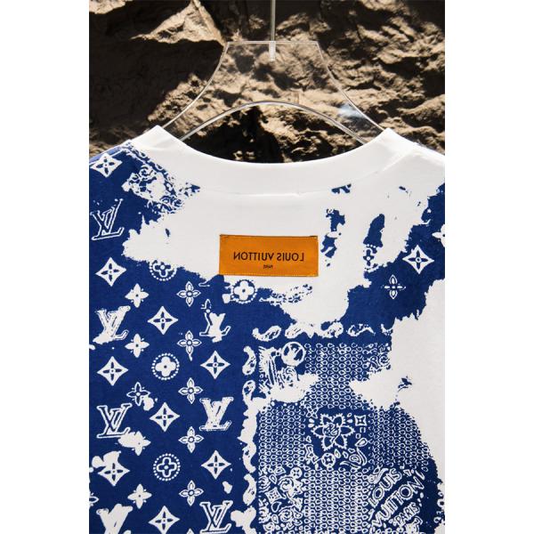 ブルーモノグラム 半袖Tシャツ Louis Vuitton ホワイトベース ルイヴィトン コピー バンダナ調プリント クルーネック 総柄デザイン