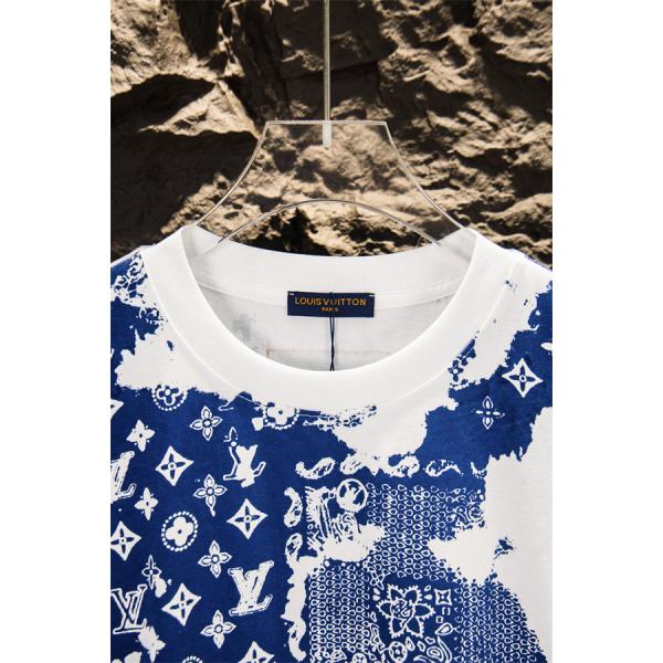 ブルーモノグラム 半袖Tシャツ Louis Vuitton ホワイトベース ルイヴィトン コピー バンダナ調プリント クルーネック 総柄デザイン