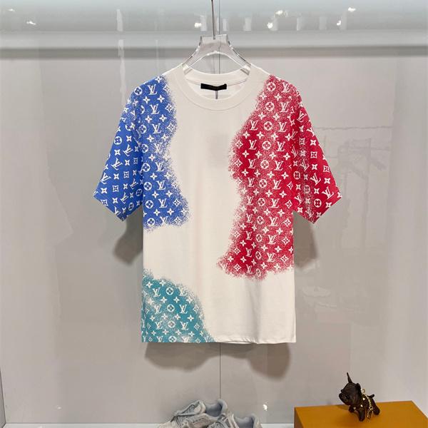 トリコロールモノグラム 半袖Tシャツ Louis Vuitton ホワイトベース ルイヴィトン コピー スプレー調プリント クルーネック