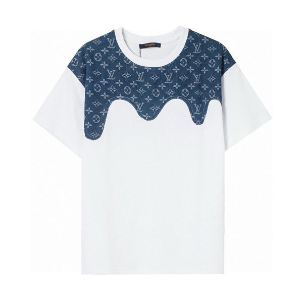  ホワイトクルーネックTシャツ Louis Vuitton ブルーLVプリント ルイヴィトン コピー 肩パネル風デザイン モノグラム柄