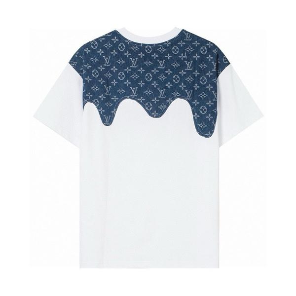 ホワイトクルーネックTシャツ Louis Vuitton ブルーLVプリント ルイヴィトン コピー 肩パネル風デザイン モノグラム柄