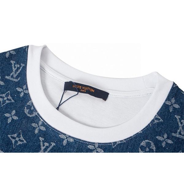  ホワイトクルーネックTシャツ Louis Vuitton ブルーLVプリント ルイヴィトン コピー 肩パネル風デザイン モノグラム柄
