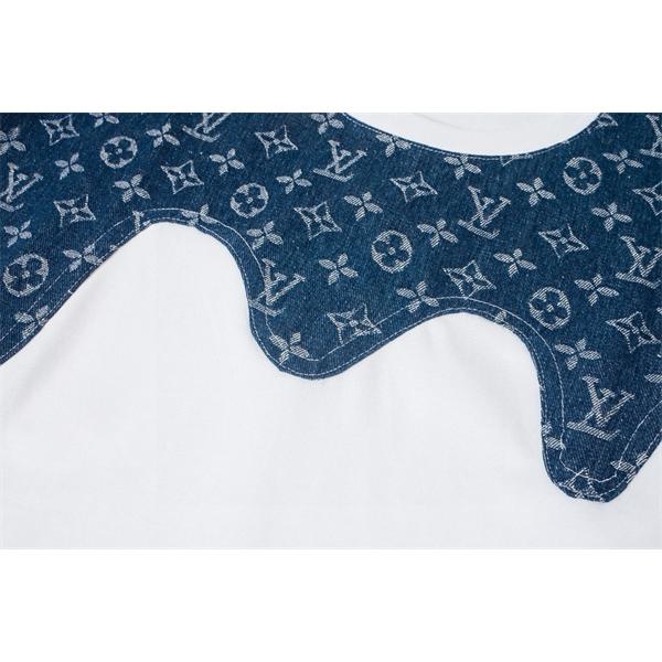  ホワイトクルーネックTシャツ Louis Vuitton ブルーLVプリント ルイヴィトン コピー 肩パネル風デザイン モノグラム柄