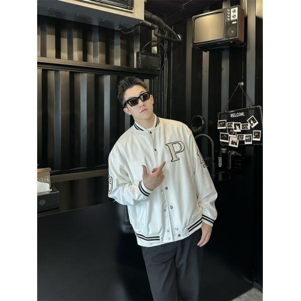 ホワイト スナップジャケット BALENCIAGA レターパッチ バレンシアガ コピー スタジアムジャンパー風 ブラックリブ 長袖アウター