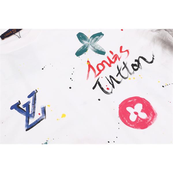 ペイントスプラッシュ 半袖Tシャツ Louis Vuitton マルチカラーLVプリント ルイヴィトン コピー ブラック ホワイト クルーネック