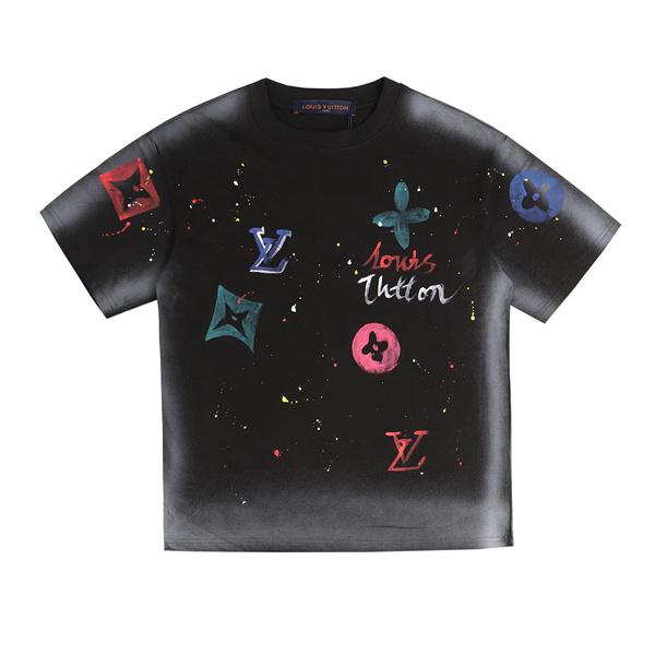 ペイントスプラッシュ 半袖Tシャツ Louis Vuitton マルチカラーLVプリント ルイヴィトン コピー ブラック ホワイト クルーネック