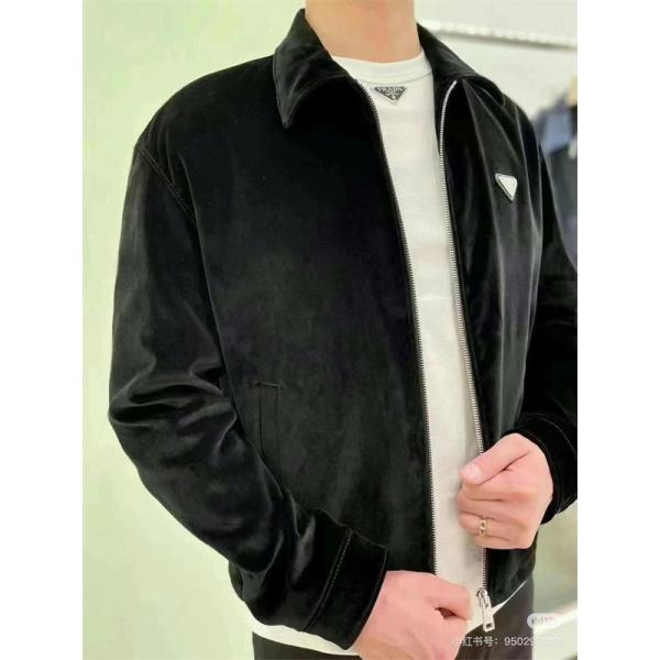 ブラック ベロア調ジップジャケット PRADA 胸元トライアングルロゴ プラダ コピー スタンドカラー シルバーファスナー 長袖アウター