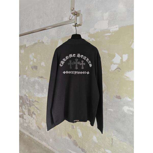 ブラック 襟付きカーディガン Chrome Hearts バックゴシックロゴ クロムハーツ コピー クロスパッチ フロントボタン ポケット付き