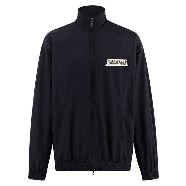 ブラック ジップアップジャケット BALENCIAGA テープ風ロゴ バレンシアガ コピー スタンドカラー 胸元ワンポイント 背面ビッグロゴ
